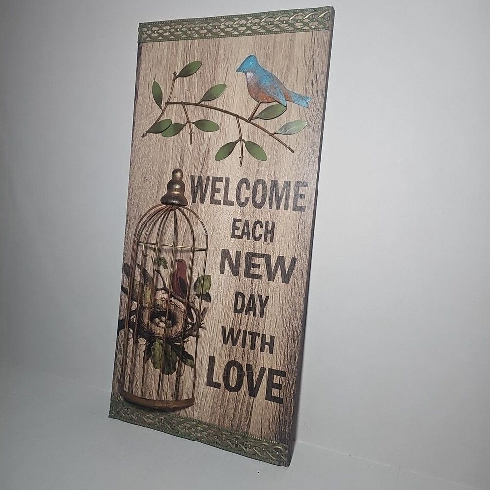 3D Rustic Wooden Wall Sign Bird Cage Welcome Each New Day With Love
